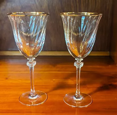 Buy 2 Royal Doulton Crystal Water Wine Glasses Hand Blown Swirl W/ Gold Trim 6 Oz • 6.44£