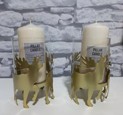 Buy  DEER / STAG  SET Of 2 GOLD Tone Metal With Glass Candle Holders Size: 14cm Tall • 24.99£