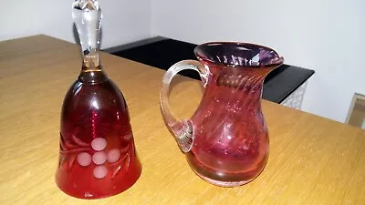 Buy Vgc. Cranberry Glass Cream Jug & Ruby Crystal Glass Bell With Clapper. No Damage • 2.99£