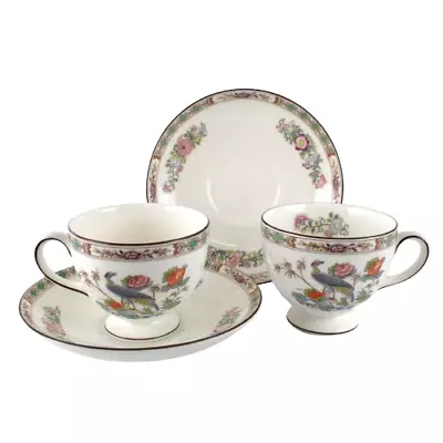Buy Wedgwood Kutani Crane Pair Of Leigh Tea Cups And Saucers Brown Rim Vintage • 35£