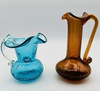 Buy Vintage Set 2 Amber & Aqua Blue Crackle Glass Handblown Small Vases Pitcher MCM • 17.73£