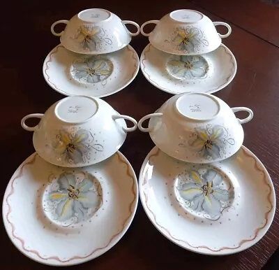 Buy 4 SUSIE COOPER 'BLUE ORCHID' SOUP COUPE BOWL UNDERPLATE SET 60's Backstamped VGC • 50£