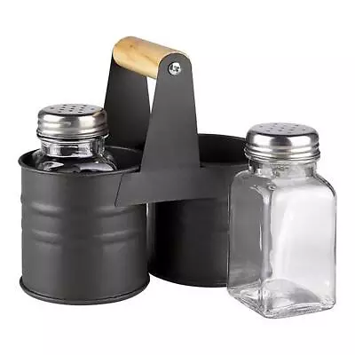 Buy Salt And Pepper Shakers Set Glass Pots Cruet Jars With Metal Tin Storage Holder • 6.99£