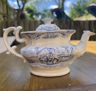 Buy Antique Blue White Transferware Tea Pot GOAT Maker J&RG English 19th Century • 50£
