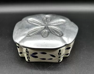 Buy Vintage Blue And White Mexican Pottery Trinket Box With Pewter Lid Marked BMT • 27.95£