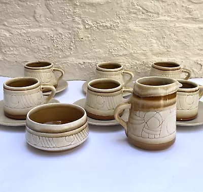 Buy 6 Vintage Celtic Pottery Newlyn Medallion Cups & Saucers With Milk & Sugar Mint • 40£