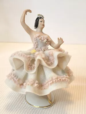 Buy Dresden Porcelain Ballerina White W/ Pink Lace Figurine Dancer Crown N Mark • 33.55£