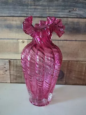 Buy Vintage Fenton Art Glass Vase Cranberry Red Ruffled Edge Swirl Body 10.5   • 35.41£