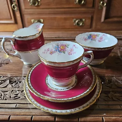 Buy Vintage H M Sutherland Bone China Ruby And White Floral Tea Set For One • 30£