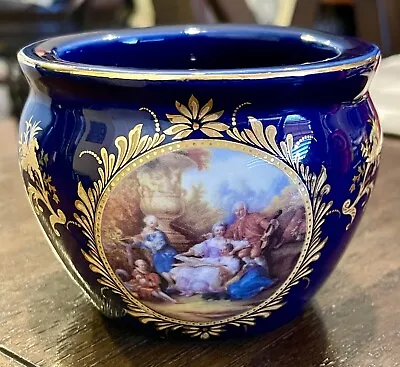 Buy LIMOGES Victorian Scene Garden Mini Pot Vase Porcelain Cobalt Blue Gold Accents • 45.66£