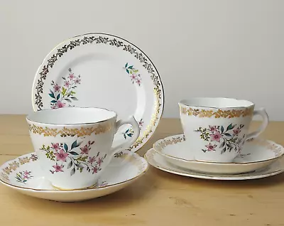 Buy Vintage Royal Grafton Bone China Floral Pair Of Cups, Saucers & Side Plate Trio • 12£