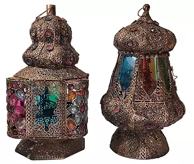 Buy Gypsy Bohemian Set Of Bronze Tea-Light Lanterns W/bejeweled Geometrical Shapes🔮 • 79.20£