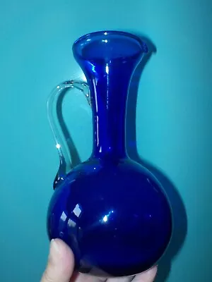 Buy Charming Vintage Mid Century Cobalt Blue Art Glass Jug Applied Clear Handle (B1) • 19.99£