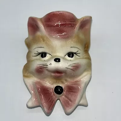 Buy Vintage Kitschy Kitty Cat Wall Pocket Vase Pink Bow & Tie Hat • 24.23£