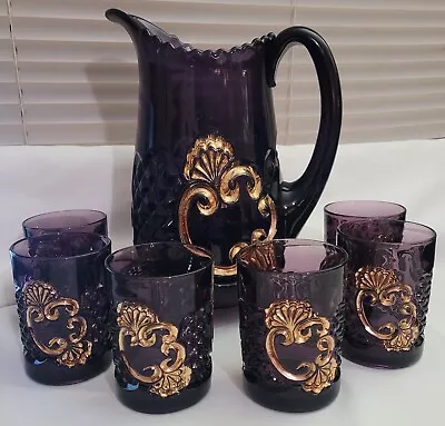 Buy EAPG Antique Riverside Croesus Amethyst Water Set Pitcher 6 Tumblers • 279.58£