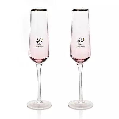 Buy Champagne Glass Flutes Ruby 40th Anniversary Gift Set Of 2 Pink Ribbed Glasses • 18.99£