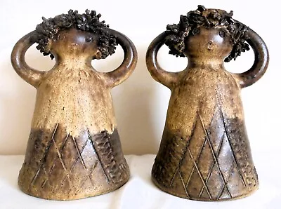 Buy Pair Of C.1960's Fat Lava Pottery Bell Shaped Vases, Spaghetti Hair, Signed AJB • 25£
