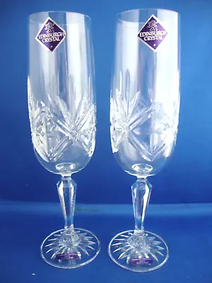 Buy 2 X Edinburgh Crystal Ness Cut Pattern Champagne Flutes Stickers And Signed • 39.95£