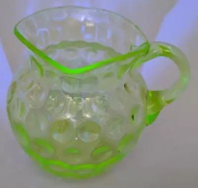 Buy Antique Green Vaseline Glass Creamer Pitcher Polka Dot Small Crack • 17.46£