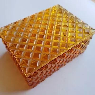 Buy Czech Bohemian Glass Trinket Box Jewellery Amber 1960s VTG Mid Century Lattice • 42.50£