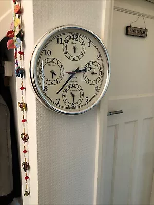 Buy Vintage Large 4 Time Zone World Wall Clock White Chrome Acrylic 5 Quartz Motors • 20£