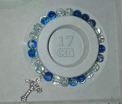 Buy Elasticated Blue Crackle Glass Bead Bracelet With Pendent – NEW • 2.75£