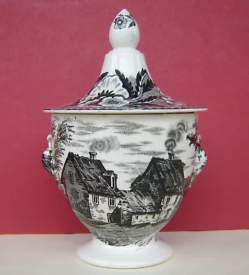 Buy Pearlware Sucrier Black Printed Houses C1840 • 30£