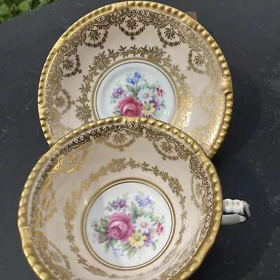 Buy Vintage Paragon Gilt & Peach-pink Cabinet Cup Cabbage Rose Floral Bouquet C50s • 13£