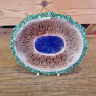 Buy Antique Victorian Majolica Small Dish With Basket Weave & Foliate Pattern • 13.50£