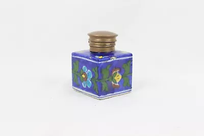 Buy Ceramic Ink Pot Vintage Indian Blue Pottery Floral Art Old Brass Cap Ink Well • 43.57£