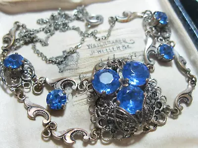 Buy Vintage Czech Filigree Necklace, Sapphire Blue Glass Crystal, Art Deco, Old • 28£