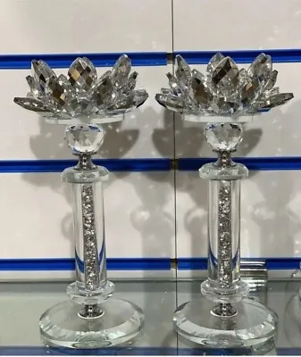 Buy Set Of 2 Large Bling Crushed Diamond Crystal Glass Tealight Candle Holder Lotus • 24.99£