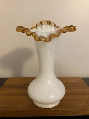 Buy Fenton Amber Gold Crest White Milk Glass Ruffle Edge Vase • 13.98£