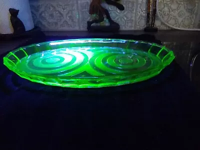 Buy Green Antique/vintage Oval Uranium Vaseline Glass Vanity Tray. Fabulous Design. • 16.99£