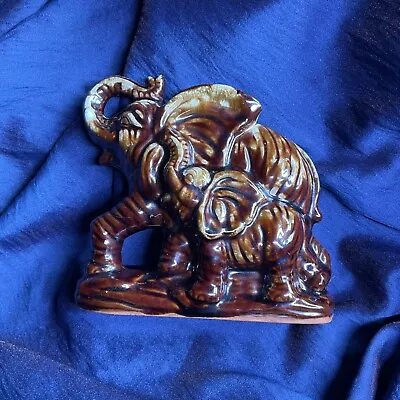 Buy Ceramic Elephants Mother & Baby- Terracotta 1950/60s - GC Vintage Brown Glaze • 24£
