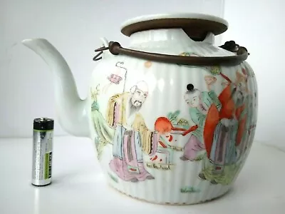 Buy 19c Chinese Tongzhi Guangxu Ribbed Porcelain Hand Painted Teapot Bronze Handles • 125£