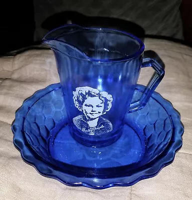 Buy Vintage Shirley Temple Cobalt Blue Hazel Atlas Glass Cereal Bowl & Pitcher • 26.56£