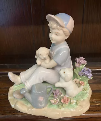 Buy Vintage Ceramic Figurine Ornament Boy With Puppies And Flowers Lladro Style  • 12£