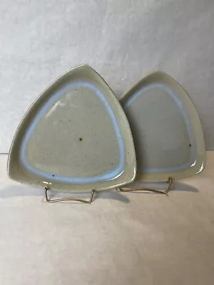 Buy 2 Studio Art Pottery Triangular Plate Gray Speckled Glaze Blue Trim 8  P Brown • 18.64£