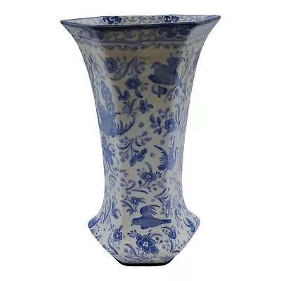 Buy Antique Burleigh Ware Chinese Peacock / Bluebird Vase C1903 Blue & White Pottery • 45£