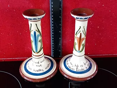 Buy PAIR Of  LONGPARK TORQUAY POTTERY MOTTOWARE  8  CANDLESTICKS  SCANDY PATTERN • 19.99£