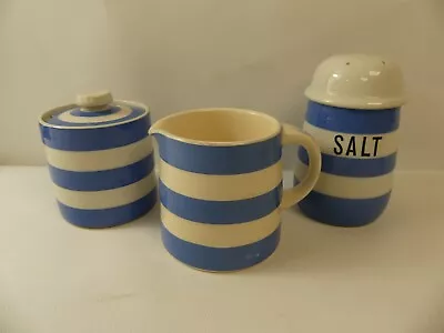 Buy (RefJOH6) Set Of 3 Milk Jug Salt Shaker Sugar Bowl Mustard Blue White TG Green • 31.99£