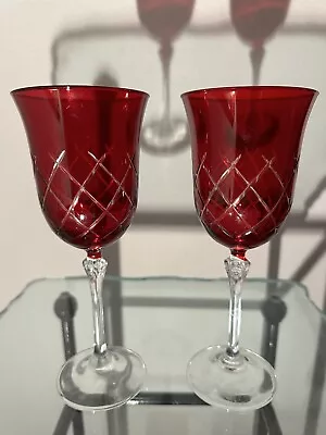 Buy Czech / Bohemian Crystal RUBY COLOR CUT TO CLEAR Wine Glasses Goblets Perfect * • 60.58£