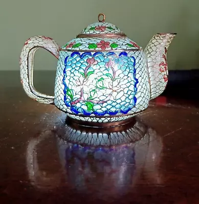 Buy Beautiful Chinese Peking Glass Cloisonne Teapot ~ Miniature Glass & Brass Floral • 35£