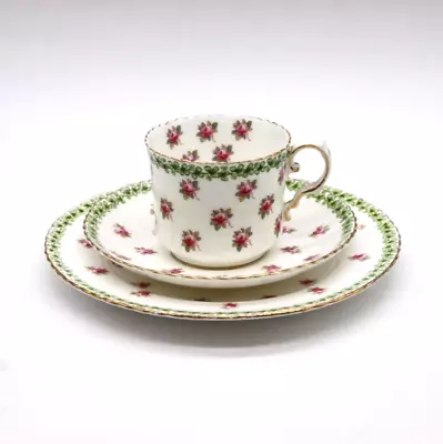 Buy AYNSLEY Antique 1910s Tea Cup Trio Scalloped Gold Edge Green Leaf & Pink Roses • 3.49£