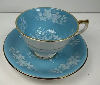 Buy Vintage AYNSLEY Tea Cup & Saucer: White Rose On Blue • 37.33£