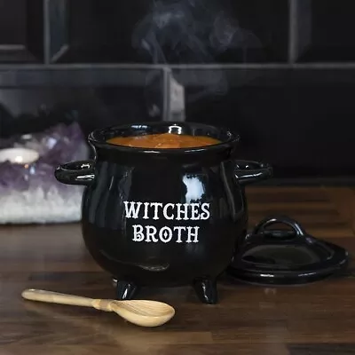 Buy Black Witches Broth Cauldron Soup Bowl With Broom Spoon Black Gothic Halloween • 6£