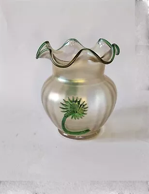 Buy Art Nouveau Kralik Iridescent Glass Vase  Applied Green Flowers Ruffled Edge • 28£