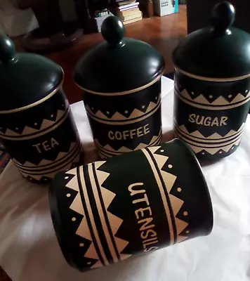Buy Excellent Green Hornsea Pottery INCA Utensil, Sugar, Tea And Coffee Storage Jars • 33£