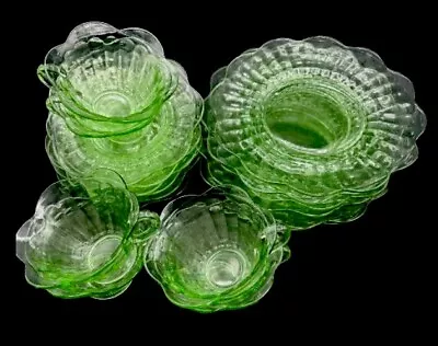 Buy 6 Lunch Plates, 6 Cups, 6 Saucers, Green Depression Glass Bamboo Optic Scalloped • 70.02£